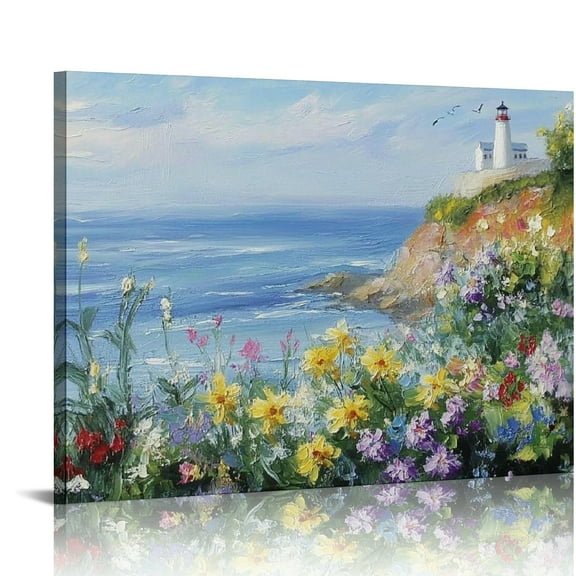 Patifu Coastal Floral Wall Art Canvas Nature Flower Landscape Seascape Painting Colorful Wildflowers Picture, Large Textured Artwork for Living Room Bedroom Bathroom Kitchen Office Home Decor 20x16in
