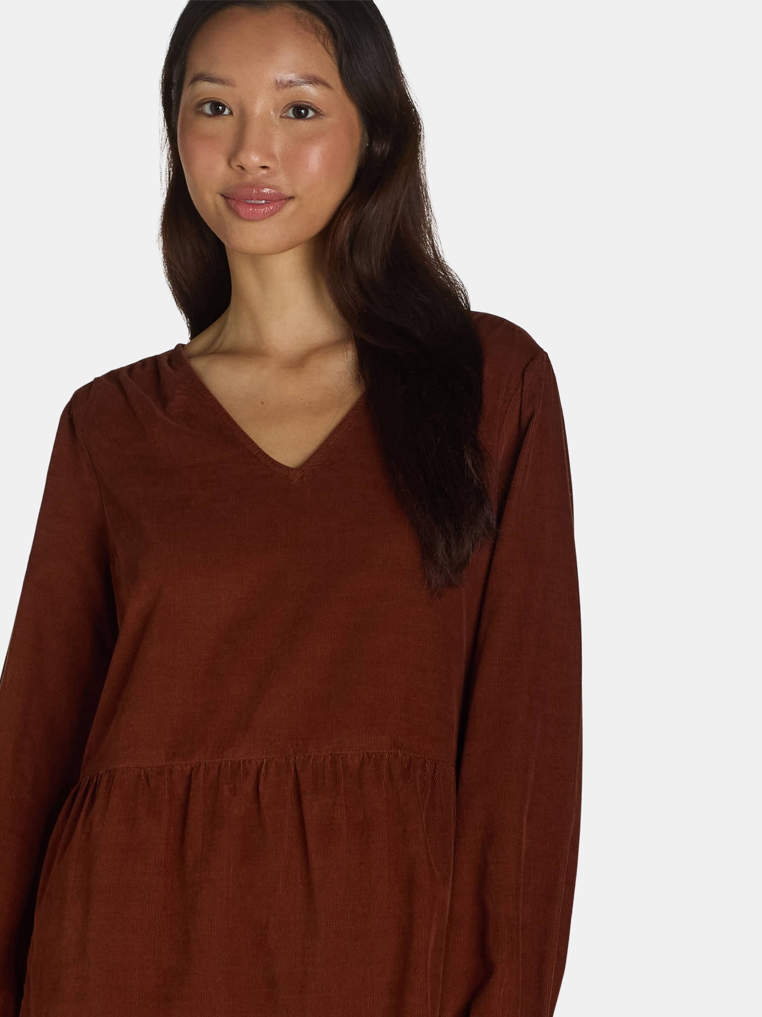 Time and Tru Women's Tiered Corduroy Dress with Long Sleeves, Sizes XS-XXXL