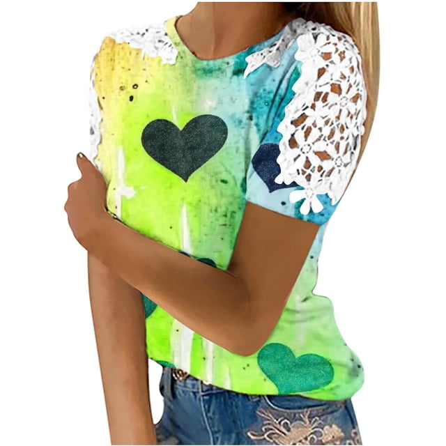 Camisas de Manga Corta para las Mujeres Impresión Cuello Redondo Suéter Encaje Blusa, Top Casual para el Hogar Y Diario