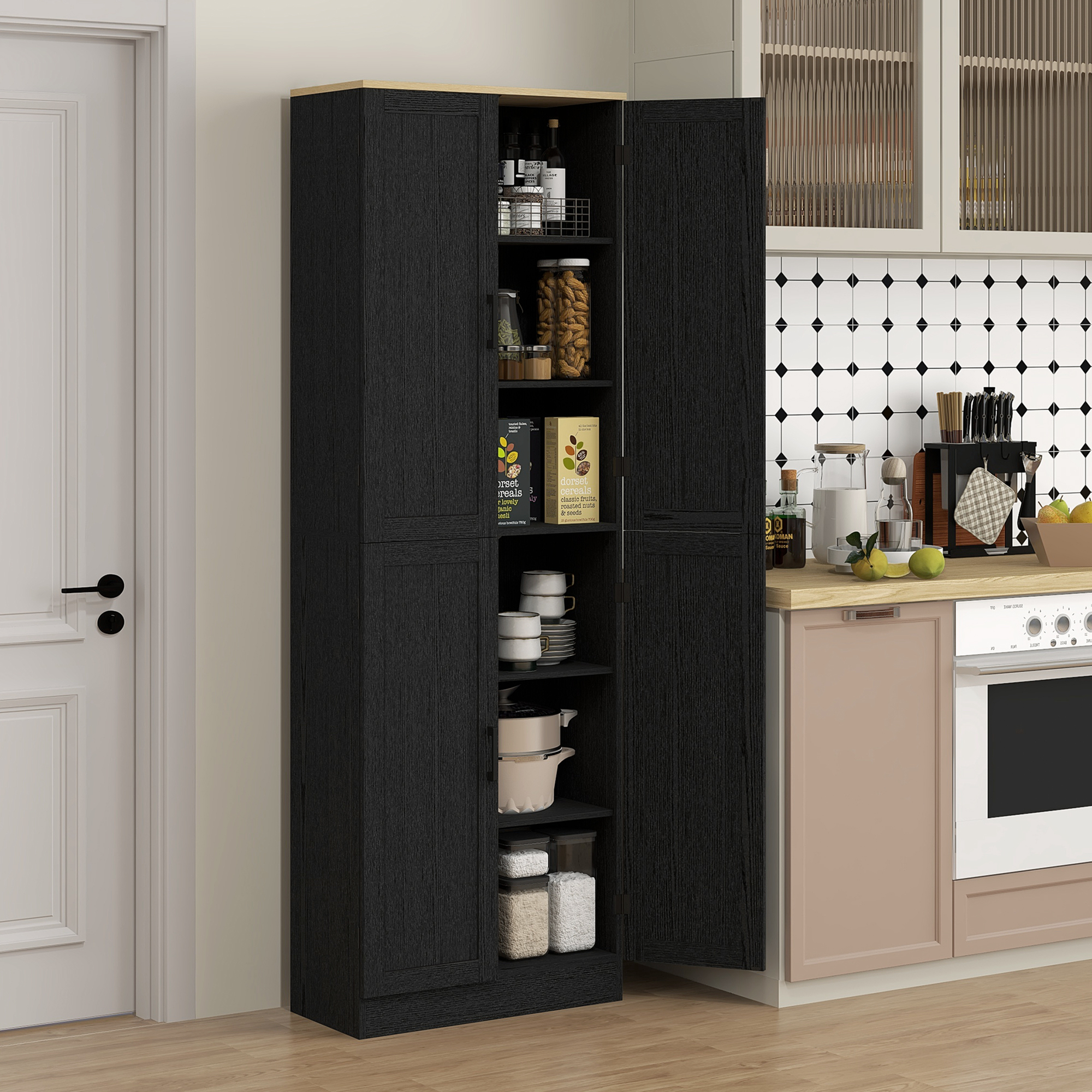 HOMCOM 67" Kitchen Pantry Storage Cabinet w/ Shelves, Distressed Black