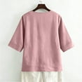 thumbnail image 6 of OIOLOYJM Linen Shirts for Women 3/4 Sleeve V Neck Casual Blouses Spring Summer Oversized Outfits 3 Button Pleated Front Pullover Tops Pink S, 6 of 6