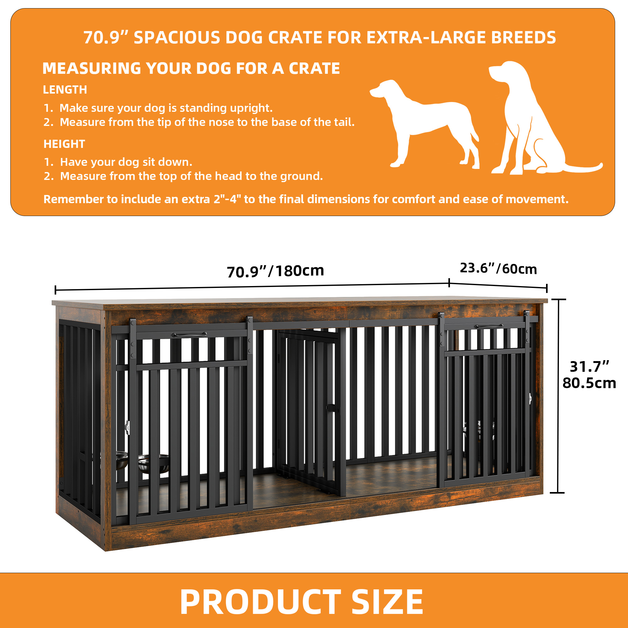 Craftian 71In Farmhouse Dog Crate TV Stand, Wooden Dog Kennel Furniture with 4 Dog Bowls, Large Dog Crate Furniture for 2 Dogs - Rustic Brown