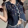 thumbnail image 5 of Felirenzacia Women's Floral Crochet Vest Hollow Out Open Front Vintage Boho Lace Button Sleeveless Crochet Knit Cardigan,Navy,Free Size, 5 of 7
