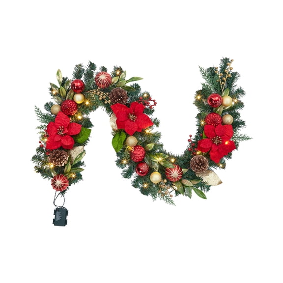 6 ft Christmas Garland with 20 LED Lights and Saffron, Pine Cones, and Gold Balls, Eight Lighting Modes, Red Poinsettia, Indoor Outdoor Xmas Garland for Fireplace Stairs Holiday Decorations