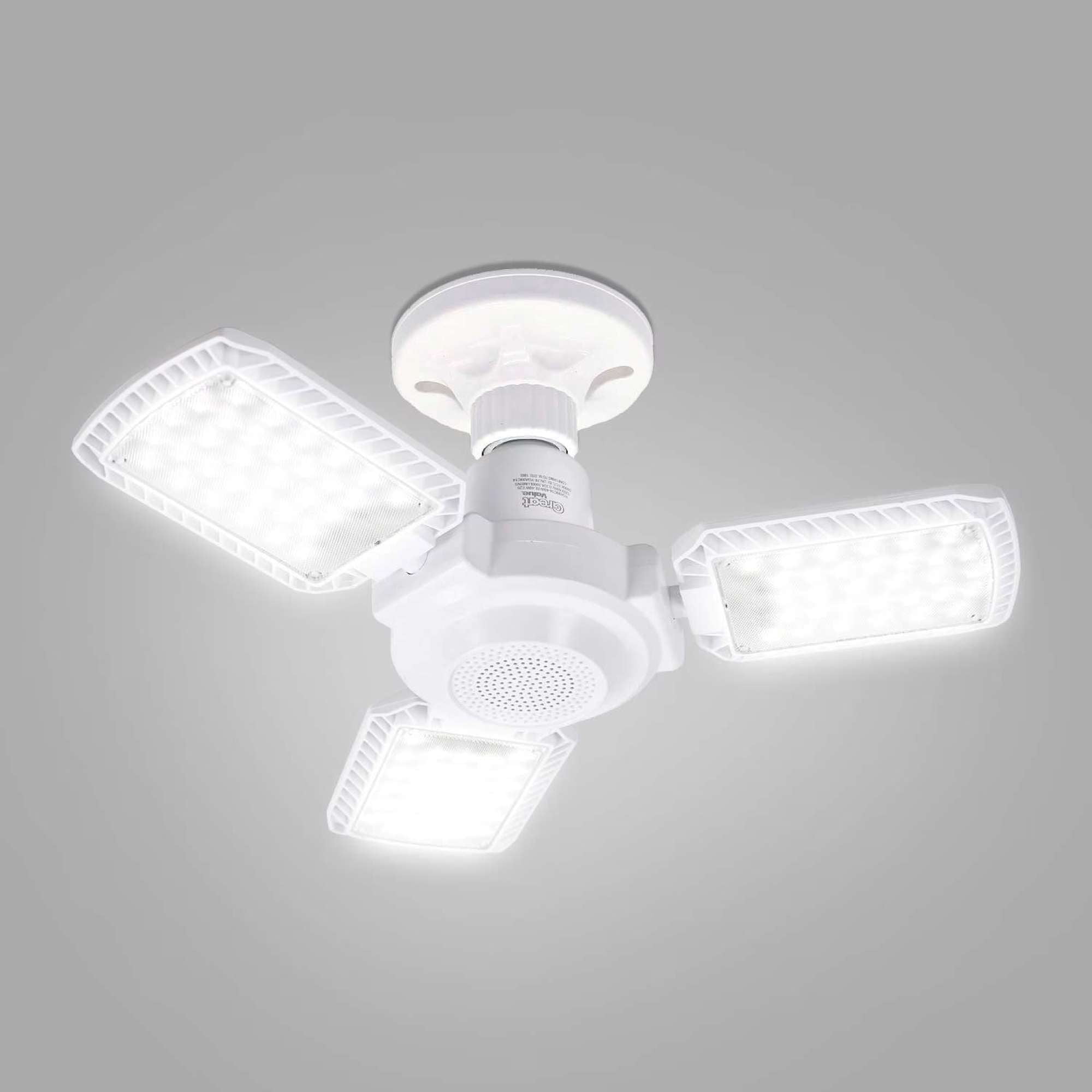 Great Value LED Garage Light with Bluetooth Speaker, 3000 Lumens, 3 Adjustable Panels, E26 Base, 5000K Daylight, 40W, Screw-In Ceiling Shop Light for Garage, Workshop, Basement, Attic, 1 Pack