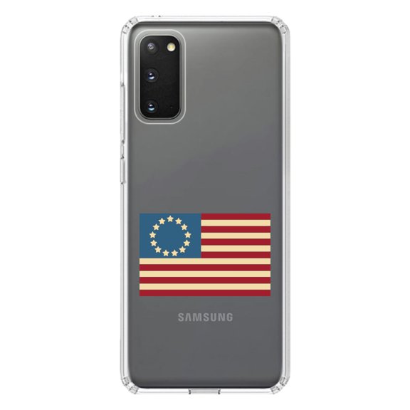 DistinctInk Clear Shockproof Hybrid Case for Galaxy S20 / S20 5G (6.2" Screen) - TPU Bumper Acrylic Back Tempered Glass Screen Protector - USA Colonial Flag Red White & Blue