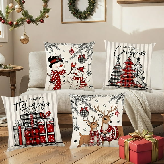 Lunxisen 4 Pcs Christmas Throw Pillow Covers, Xmas Decorations Cushion, Retro Santa Claus Pillowcase, Winter Holiday Decorative Pillow Case, Indoor Home Bedroom Couch Decor