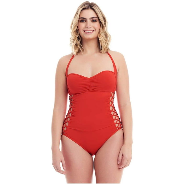Cover Girl One Piece Swimsuit for Teen Girls Plus Size Curvy Swimwear Tummy  Control - Halter Side Lace Up, Red, Size 14 