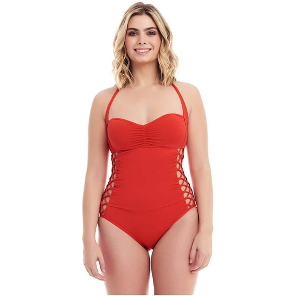 Visit The Cover Girl Store Cover Girl One Piece Swimsuit For Women Plus Size Curvy Swimwear Tummy Control Halter Side Lace Up Red Size Walmart Com Walmart Com