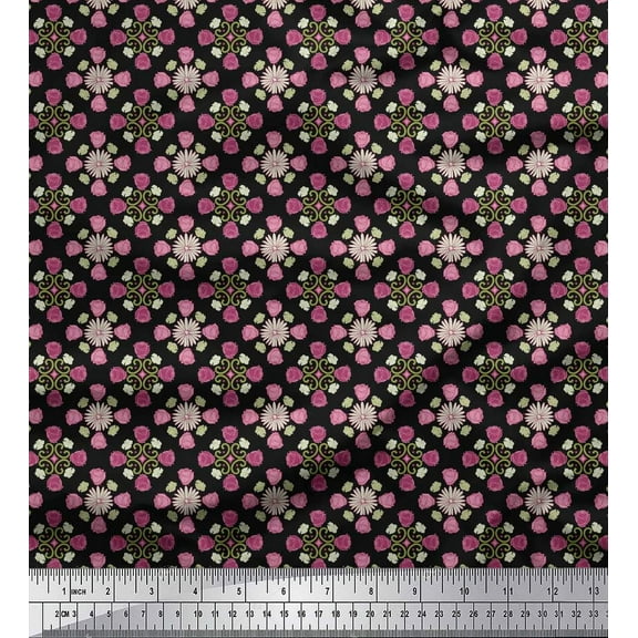 Soimoi Black Cotton Duck Fabric Aster & Roses Damask Print Sewing Fabric Yard 42 Inch Wide