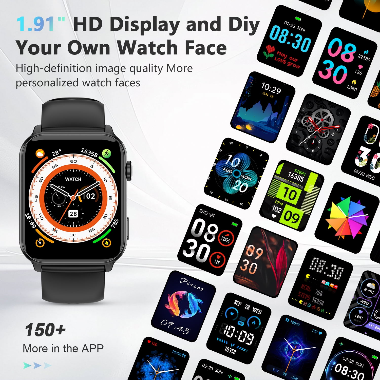 Blackview 1.91-inch Men Women's Smartwatch with Answer/Make Calls/100+ Sports Modes/Message Reminder,fits for Android Iphone Samsung Devices,Black