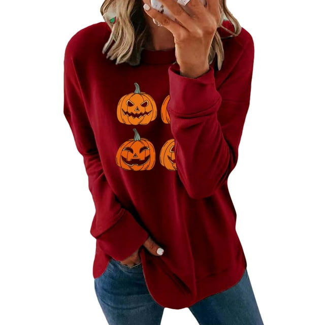 Fashnice Ladies Sweatshirt Pumpkin Print Pullover Crew Neck Halloween Sweatshirts Loose Fit Fall Jumper Tops Red XS
