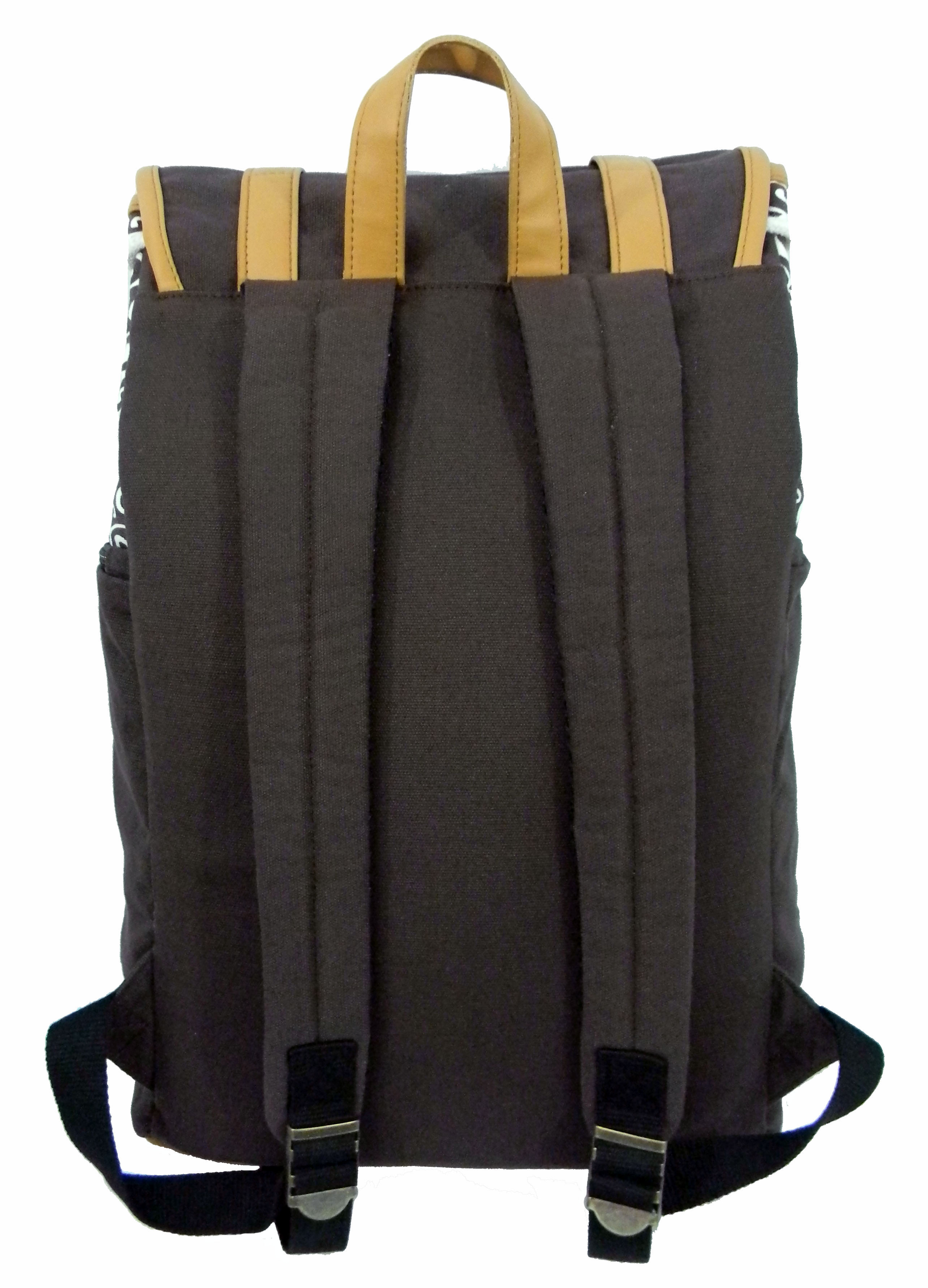 K-Cliffs Unisex Canvas Printed Laptop School Backpack in Black/Grey with Brown Trim,Teen-Adult