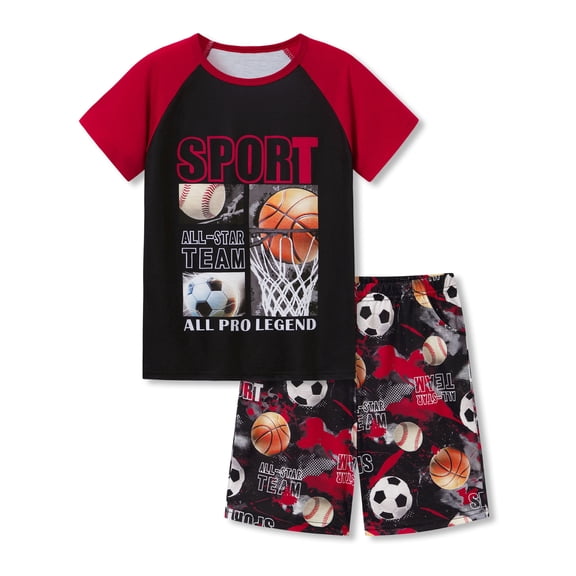 Beezizac Boys Summer Pajama Set, 2-Piece Sports Balls PJs‌ - Short Sleeves & Shorts Soft Sleepwear Size 10