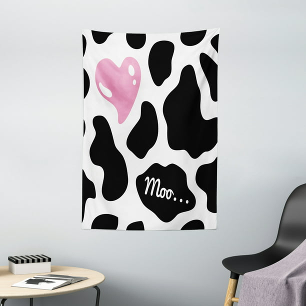 Cow Print Tapestry Camouflage Hide Pattern In Black And White With Cute Pink Heart Shape Moo - Black White Pink Wall Tapestry