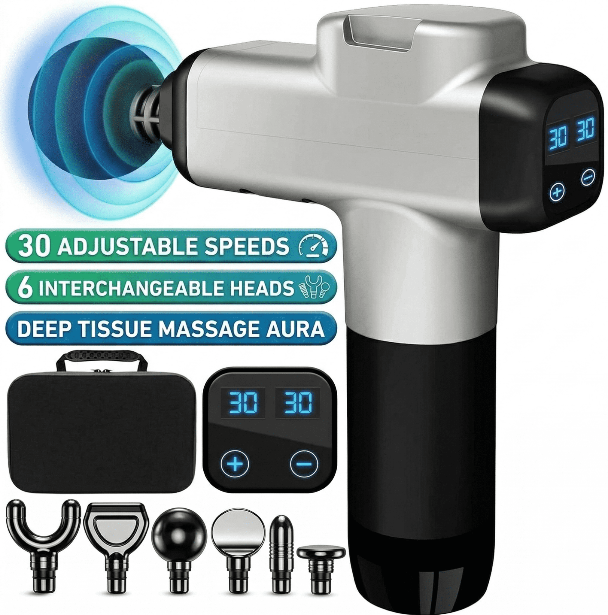 30 Speed Deep Tissue Massage Gun with 4 Turkish CottonTowels - Percussion Massager Portable