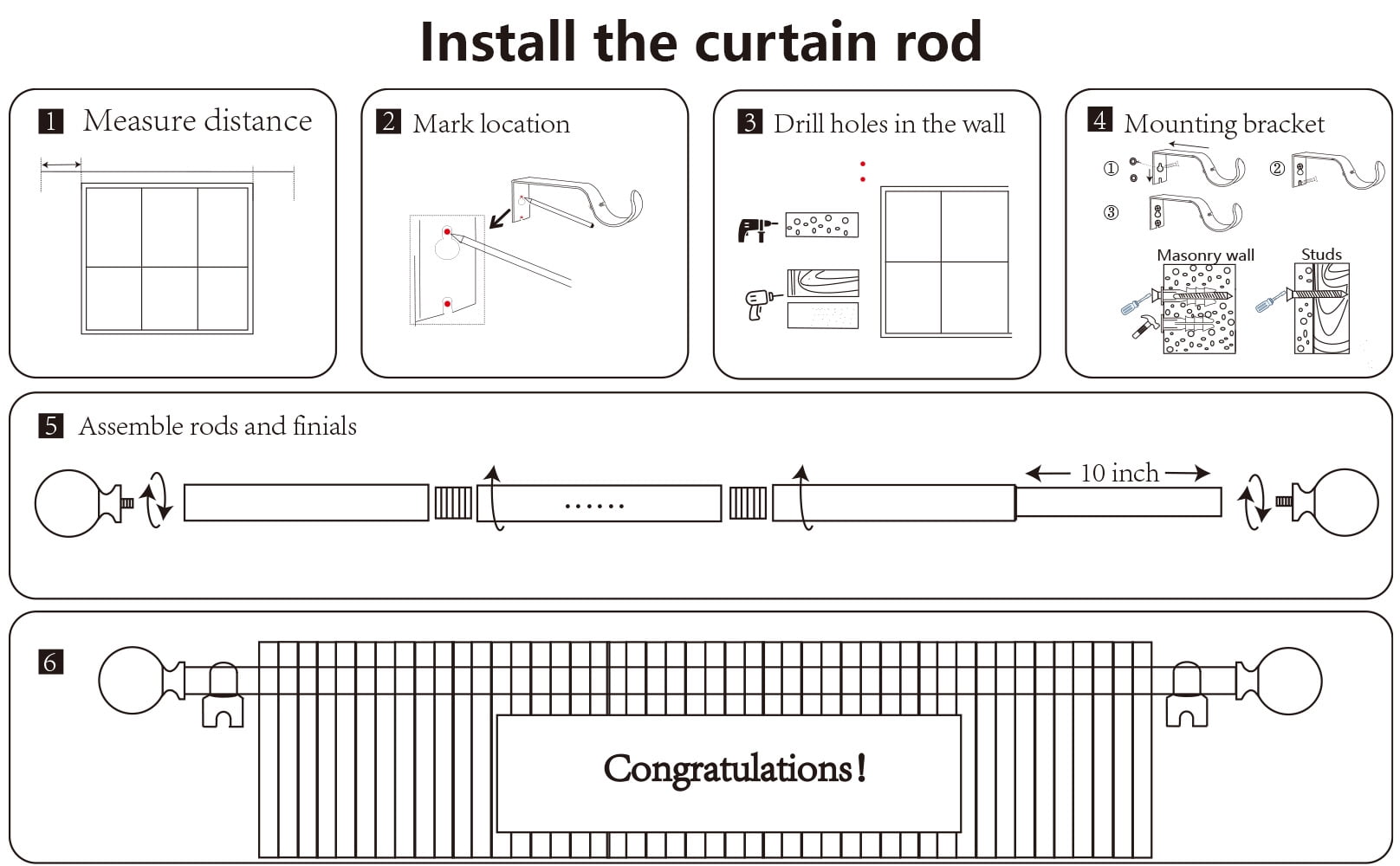Titanock Curtain Rods 128 Inch for Window 120 Inch, Adjustable Length Heavy Duty Ball Finials Diameter 7/8 inch,10 ft, Black