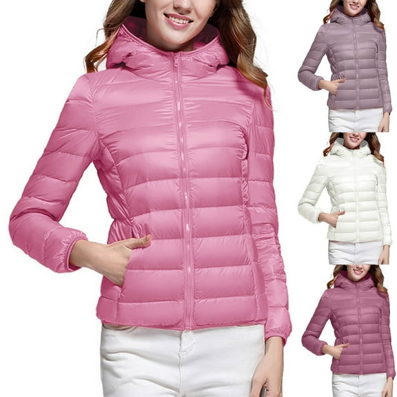 YOIAVAIOY Puffer Jackets for Women Lightweight Down Jacket Zip Up Long Sleeve Quilted Jackets Winter Hooded Outerwear with Pockets Purple M