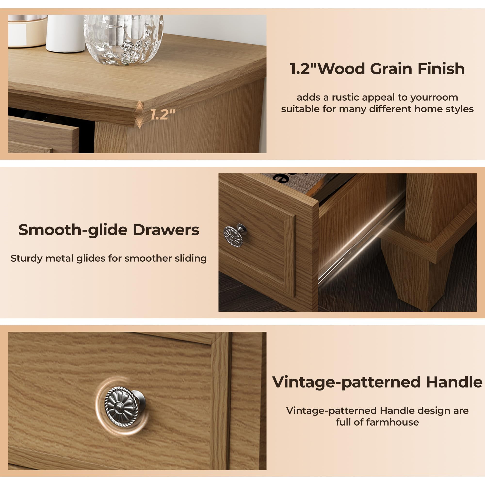 5 Drawer Dresser for Bedroom, 48" Tall Modern Chest of Drawers with Deep Drawers, Wood Storage Cabinet with Vintage Metal Handles for Living Room, Hallway, Brown