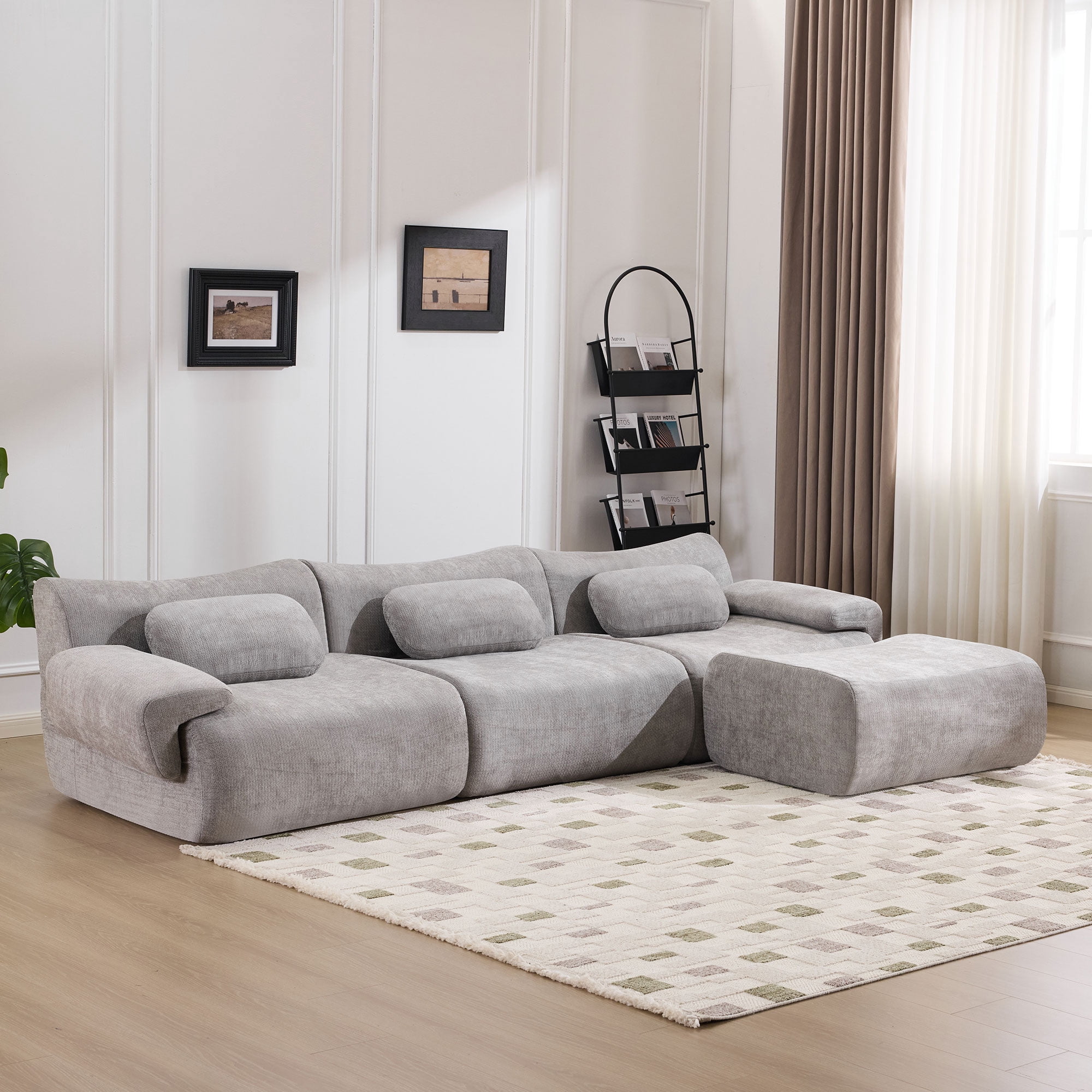 BSHTI 107.9" Chenille Sectional Sofa with 3 Pillows, Comfortable L Shaped Sofa with Premium Fabric and Modern Design for Living Room（Black）
