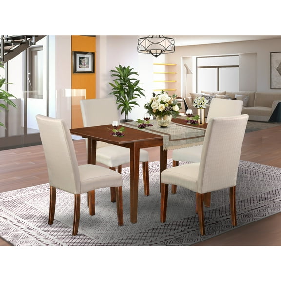 Vintage Dinette Set 5Pc Rectangle Table & 4 Chairs - Linen Fabric Cream - Mahogany Legs - 42" Table with Leaf