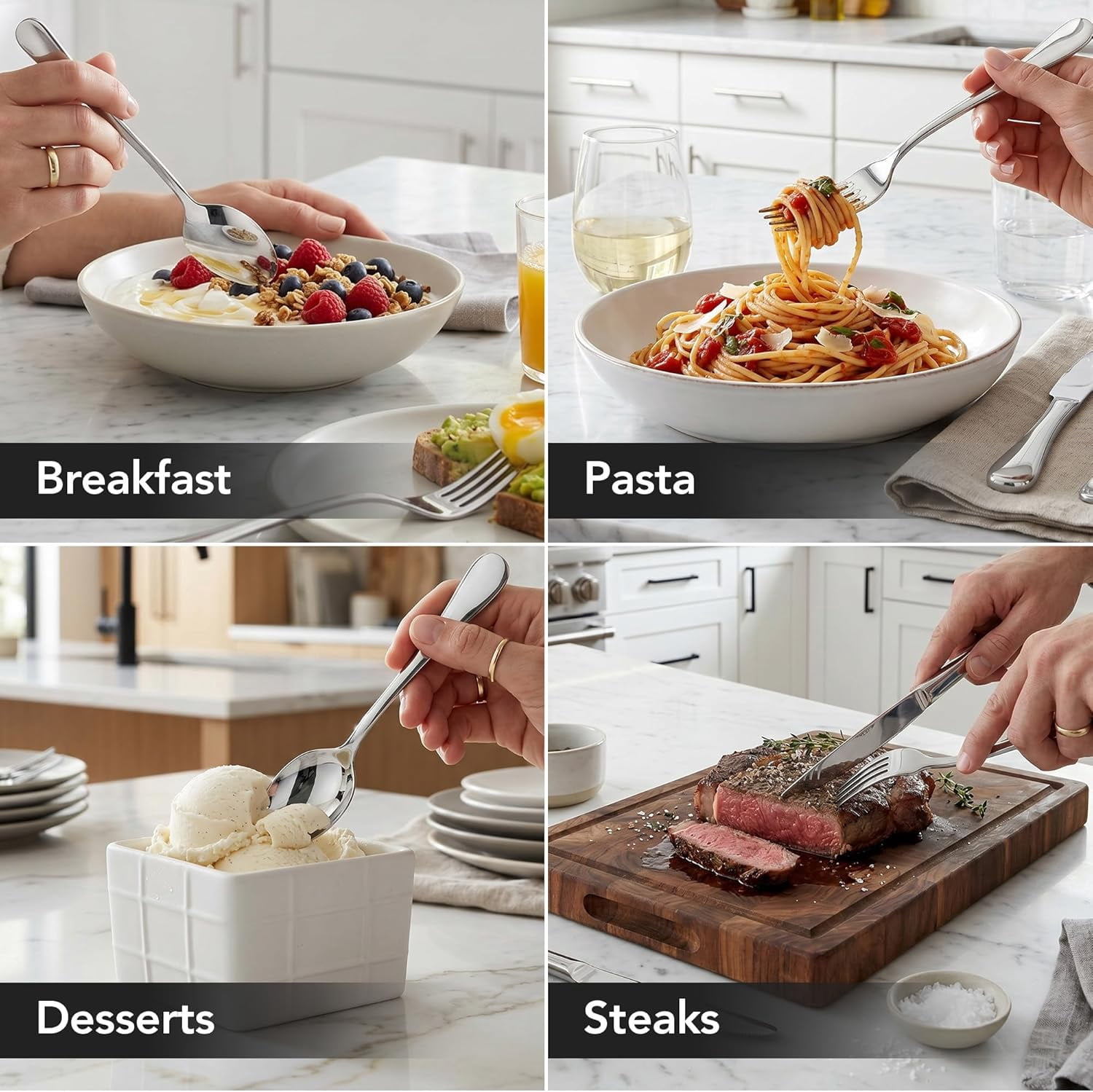 OVENTE 24-Piece Silverware Set Service for 6, Silver FL20241CH | Durable Stainless Steel Flatware Cutlery Utensil with Steak Knives, Forks, Spoons & Teaspoons, Dishwasher Safe