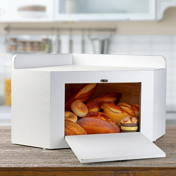 Besuerte White Bread Box for Kitchen Countertop, Large Wooden Bread Containers Storage Bin for Corner, Bread Holder Keeper for Homemade Bread Includes 2x16oz Mason Jars with Flowers
