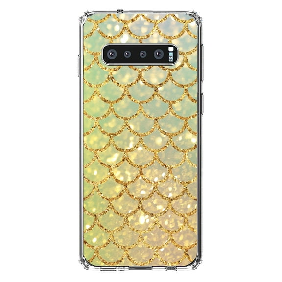 DistinctInk Clear Shockproof Hybrid Case for Samsung Galaxy S10  PLUS(6.4" Screen) - TPU Bumper, Acrylic Back, Tempered Glass Screen Protector - Gold Green Mermaid Scales