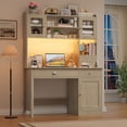thumbnail image 5 of Homfa Executive Desk with Hutch & Power Outlets & LED Lights, Wood Writing Study Table, Home Office Computer Desk with Adjustable Shelves and Drawers, Oak, 5 of 7