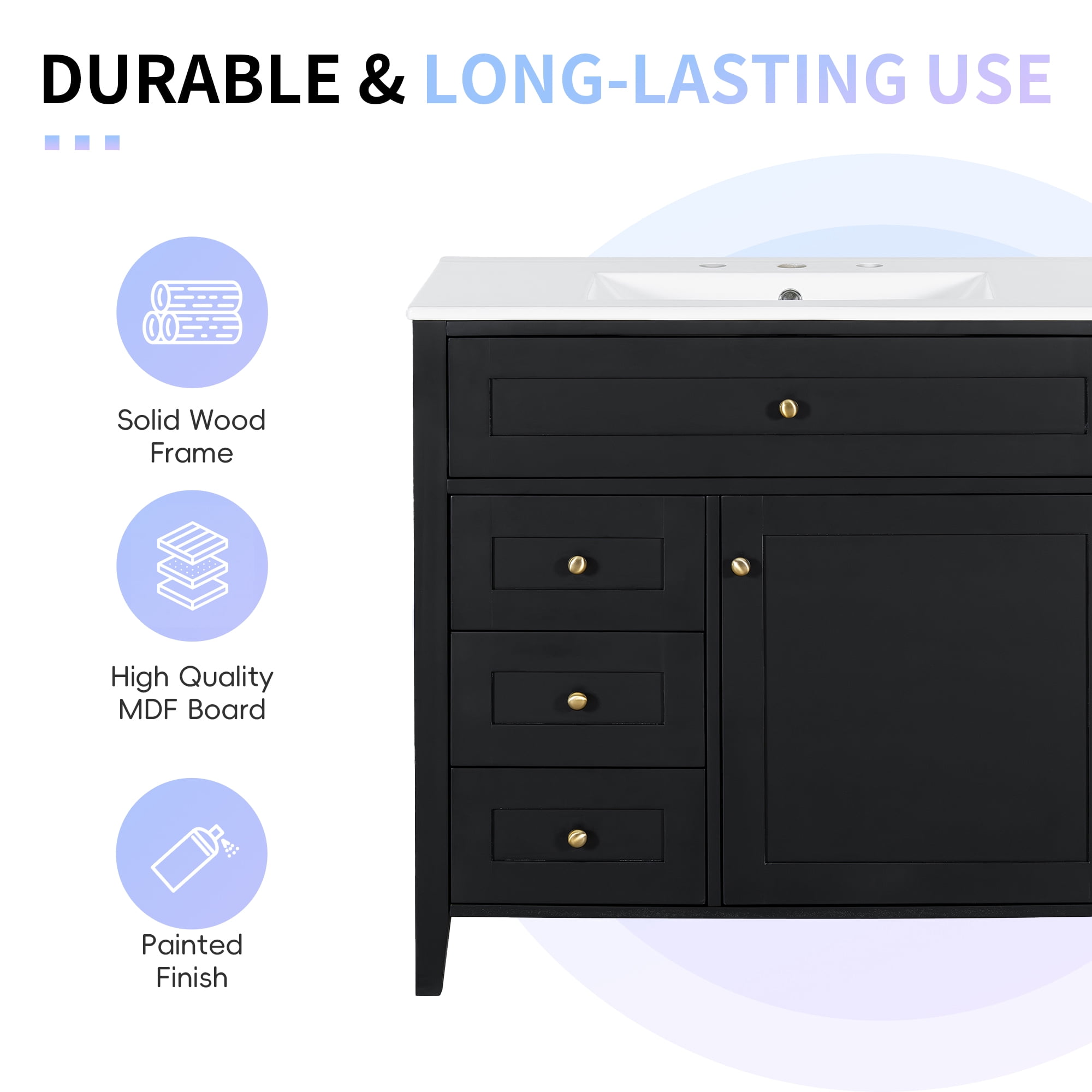 Euroco 36-Inch Black Bathroom Vanity with Sink, Modern MDF and Rubberwood Cabinet with 3 Drawers and Adjustable Shelf, Freestanding Vanity for Bathroom Storage and Organization
