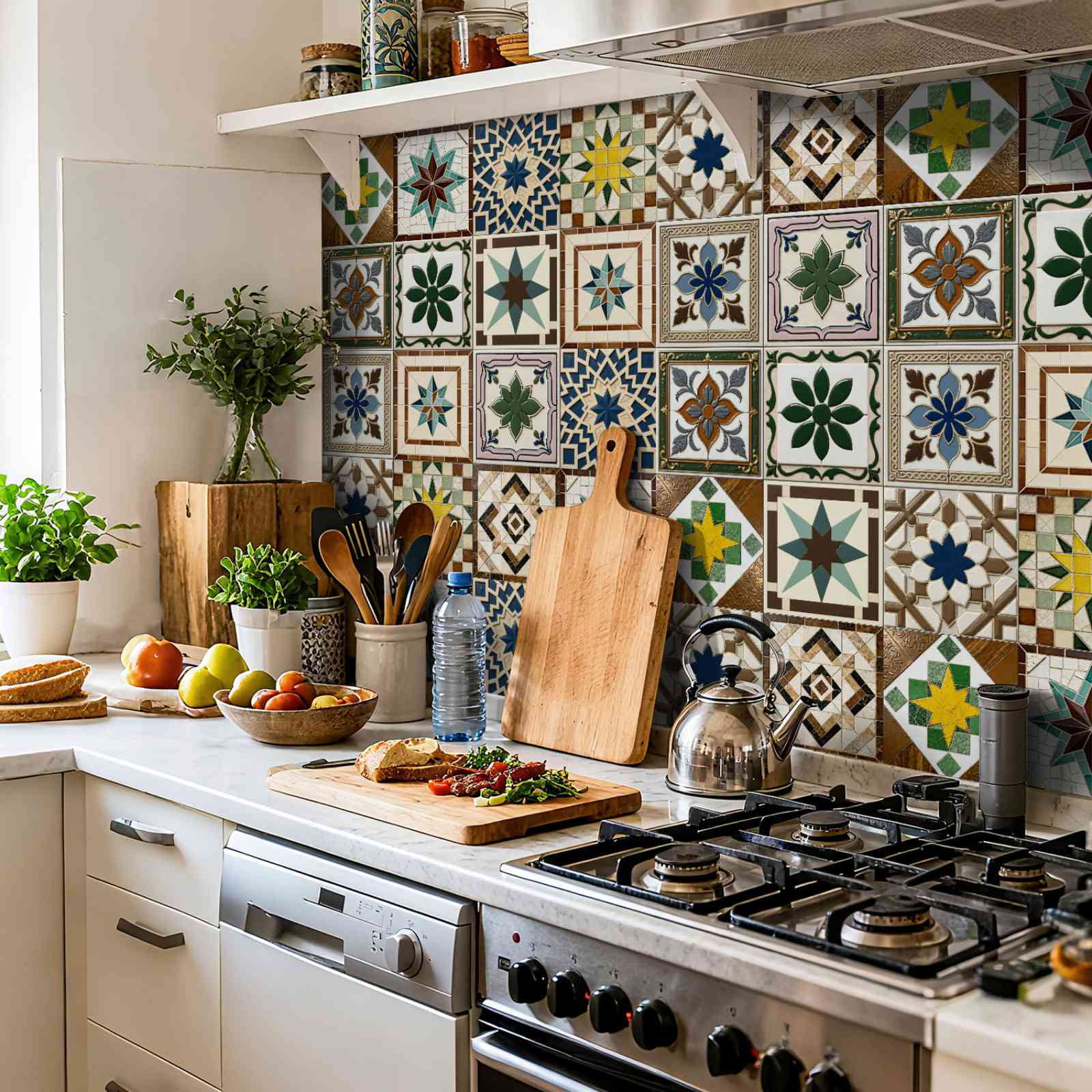 24PCS Mediterranean Style Peel and Stick Wall Tile Decals - 6"x6" Vintage Waterproof Vinyl Moroccan Bohemian Stickers for Kitchen Backsplash, Bathroom, Stair Riser Decor