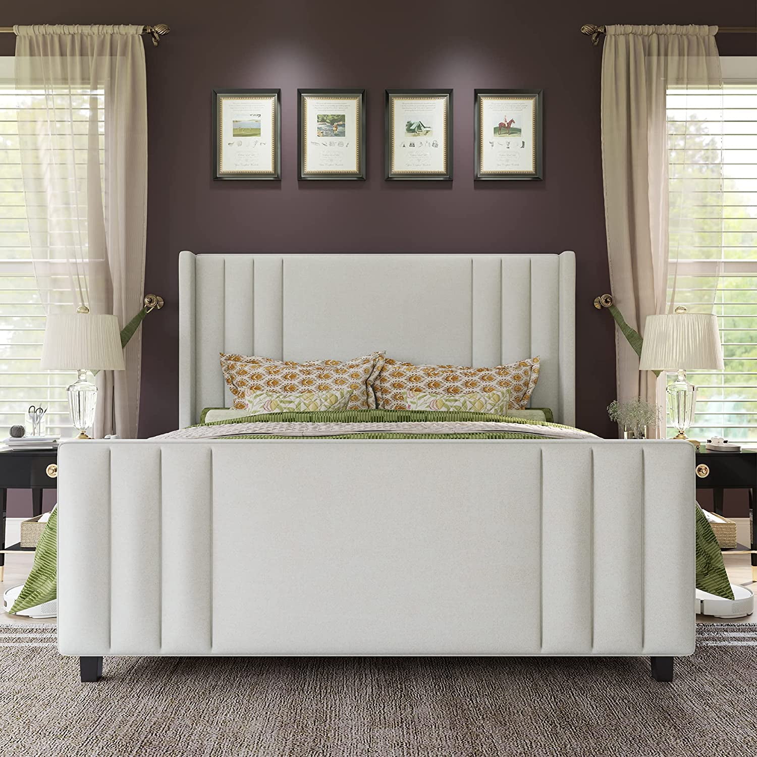 VanAcc Queen Size Bed Frame, Velvet Upholstered Platform Bed with Vertical Channel Tufted Headboard & Footboard/Wingback, with Wood Slats, Cream