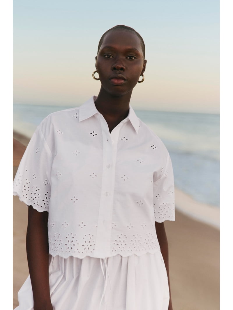 Free Assembly Women's Cropped Eyelet Cotton Shirt, Button Front
