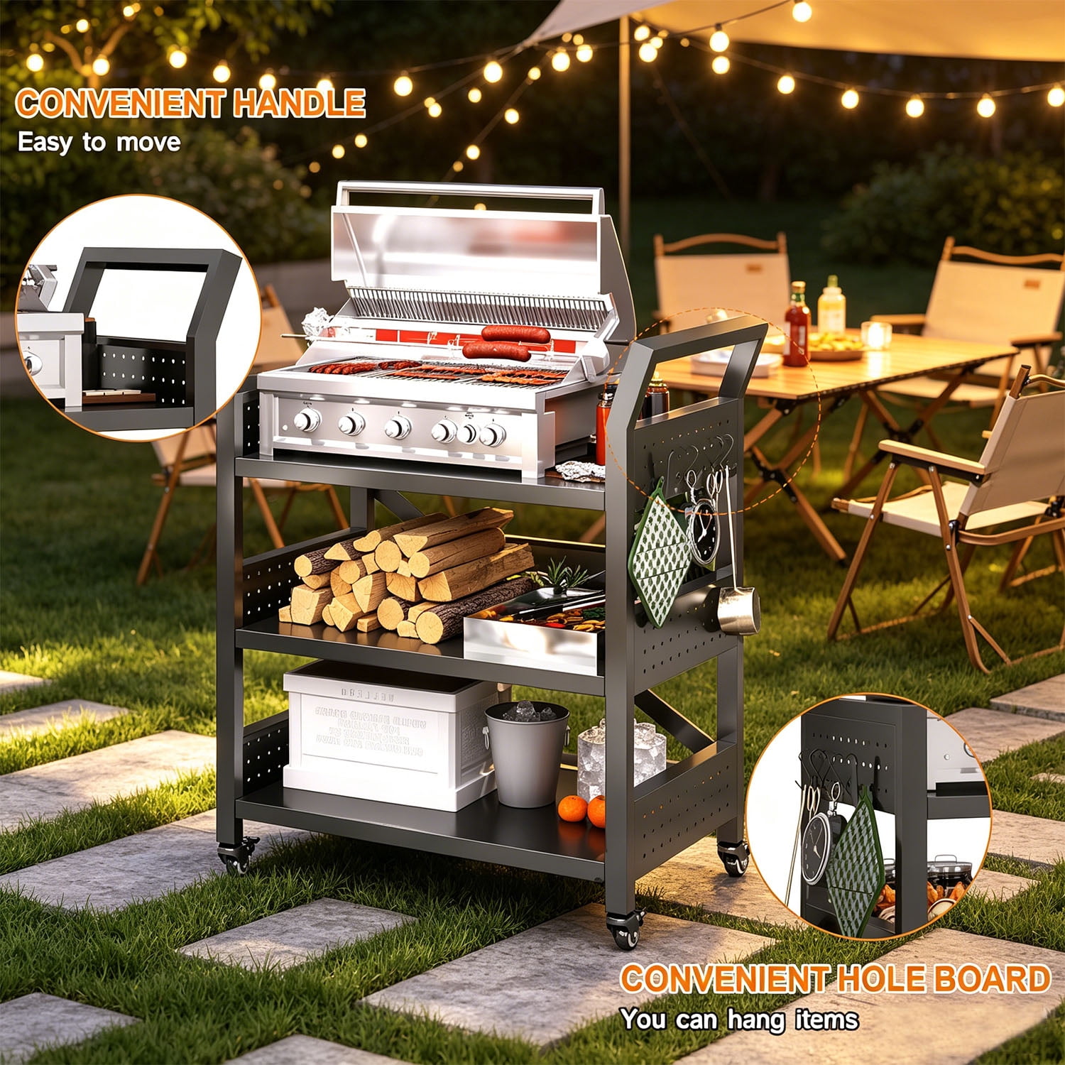 Heavy-Duty Grill Cart with 3-Tier Storage and Pegboard for BBQ