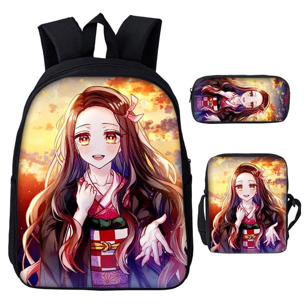 Los Niños De Anime Mochila Demon Slayer Schoolbag Nuevo Estilo Cuchilla + Funda De Lápiz + Bolso De Crossbody Conjunto De Tres Piezas Creativo Poliéster Moda De Cocina Puerta Nezuko Bolsa Escolar Tanj