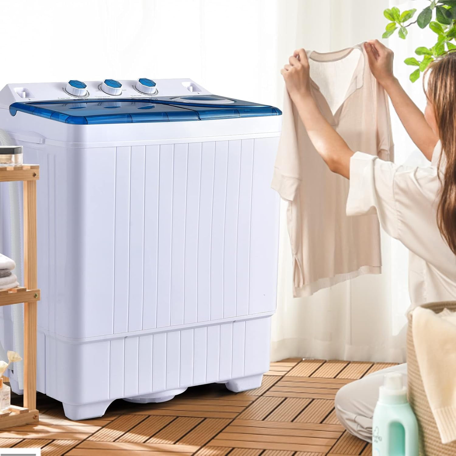 Portable Twin Tub Washing Machine with 26lbs Total Capacity, 18lbs Washer & 8lbs Spinner Combo, Built-in Drain Pump & Timer Knobs for Home Dorm Apartment Use