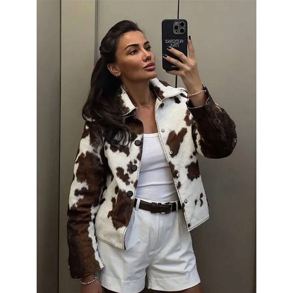 Cow Print Faux Shearling Jacket (S, Brown)
