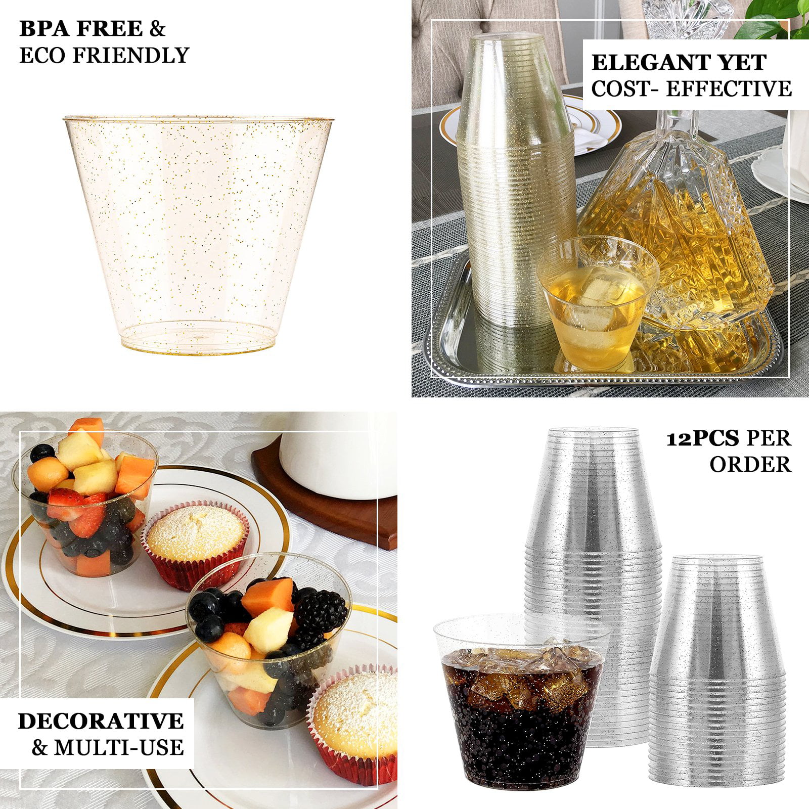 Efavormart 12 Pack - 7oz Gold Glittered Clear Disposable Plastic Wine Cups  for Weddings, Birthdays, Parties, Receptions, Banquets, Baby Showers