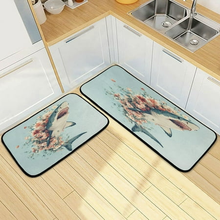 

Wobogo A Shark Full Of Flowers Kitchen Carpet Set of 2 Absorbent and Stain Resistant Non-slip Star Rubber Backing