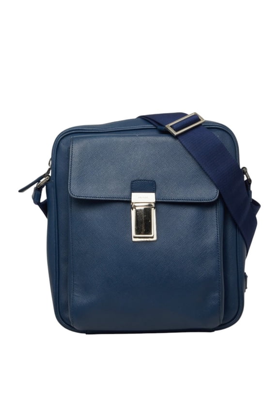 Pre-Owned Prada Triangle Logo Plate Crossbody Shoulder Bag, Navy Saffiano Leather, Women's PRADA