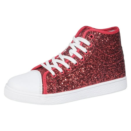 QYZEU Ladies Sneakers Slip on Womens Shoes Casual Open Back Ladies Simple Lace Up High Top Casual Shiny Glitter Flat Shoes Casual Shoes Leather Shoe Red 38