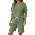 thumbnail image 2 of Bloomae Textured Knit Short Sets for Women 2 Piece Summer Short Sleeve Button V Neck Shirt Drawstring Waist Short Pants Matching Lounge Set Beach Loose Casual Vacation Outfits, 2 of 6