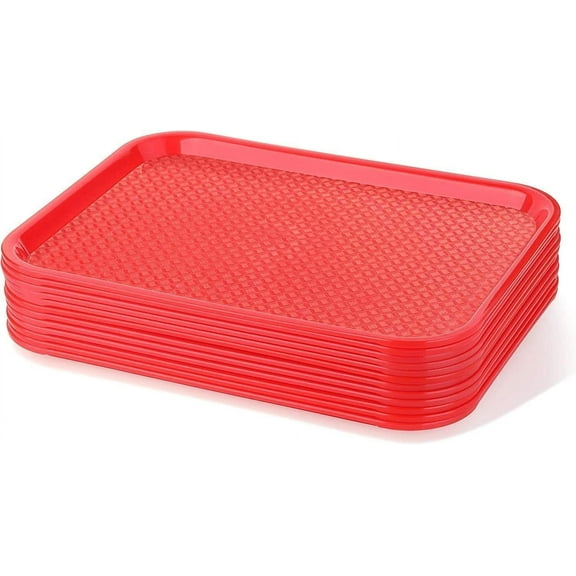 Soro Essentials- Set of 12 Plastic Fast Food Tray 18" x 14" Red Color- Cafeteria Fast Food Trays Rectangular Restaurant Serving Trays for Coffee Table Kitchen Party
