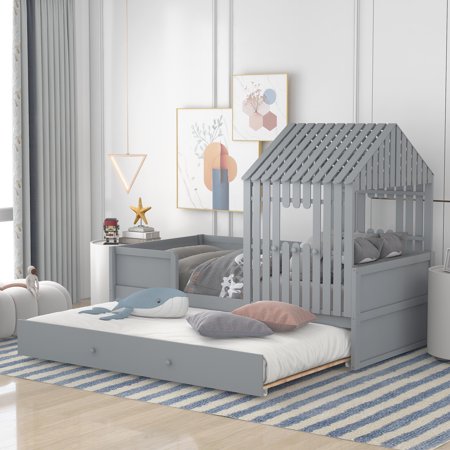 Full Size House Bed with with Trundle  Solid Wood Low Loft Loft Bed Frame with Window  Roof and Ladder  Cabin Playhouse Bed for Kids Teens Girls Boys  No Box Spring Needed  Gray