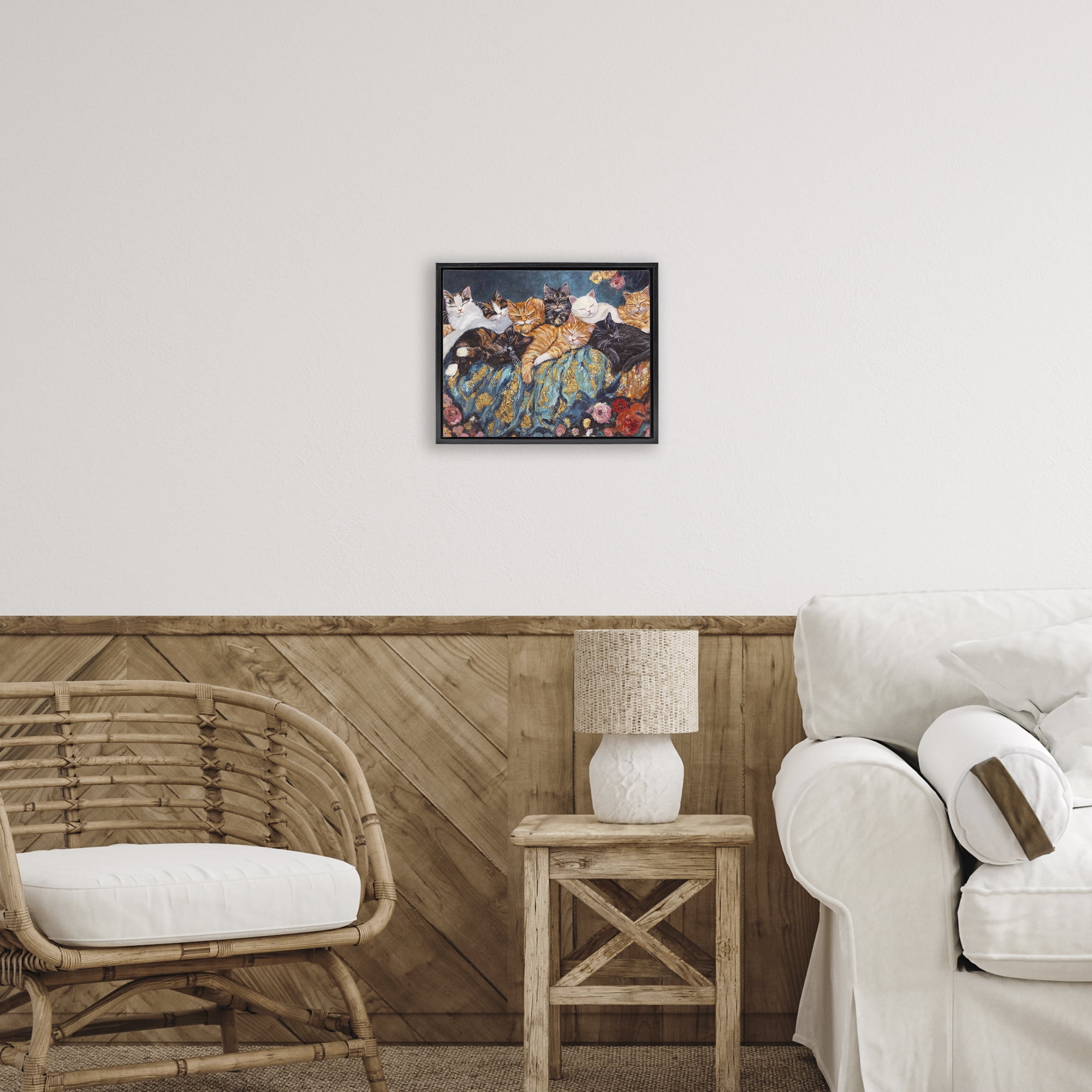 Sleepy Kitty Crowd with Flowers Black Framed Floater Canvas Wall Art, design by Sara Culpepper