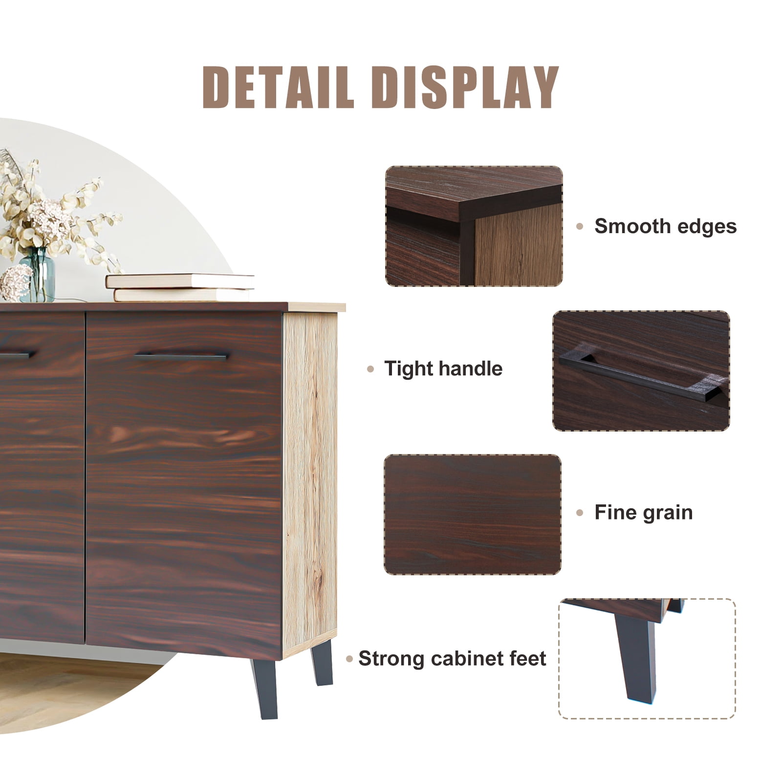 Kadyn Walnut Finished Faux Wood Cabinet, Kitchen Storage Cabinet with 3-Shelf, Modern Fiberboard Storage Cabinet for Living Room Kitchen
