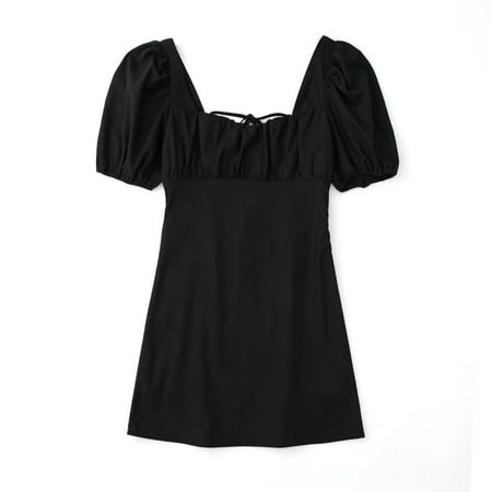 ameIAEA Womens Short Sleeve Summer Babydoll Dress Square Neck Lace-Up Ruffle Casual A Line Dress