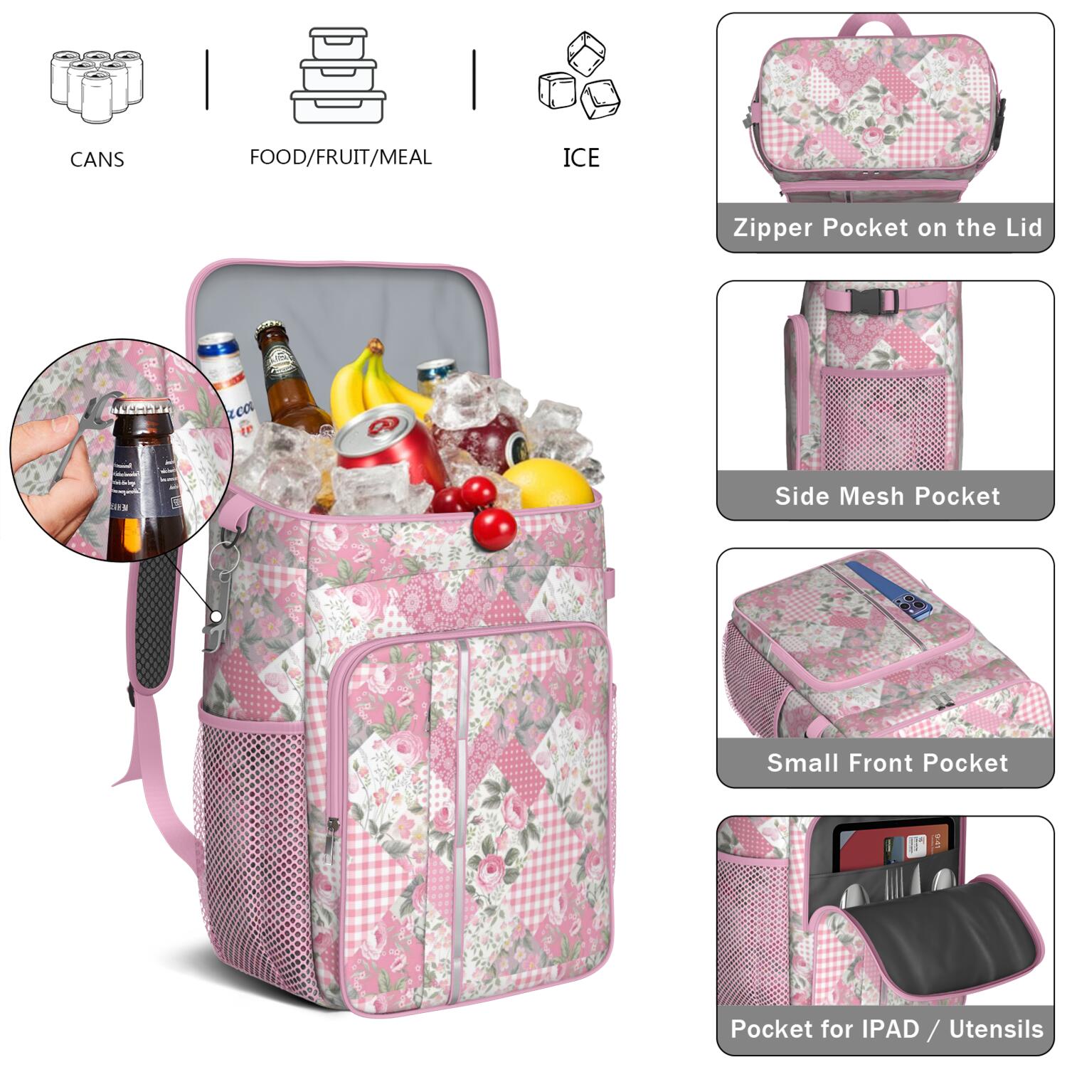 Travel Cooler Bag - Pioneer Flower Camping Beer Cooler Backpack with Bottle Opener- Waterproof Insulated Picnic Backpacks - Cooler Bag for Beach