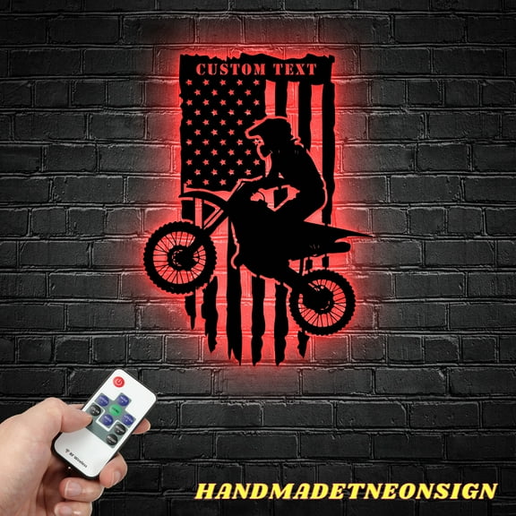 Handmadetneonsign Custom US Motocross Biker Metal Wall Art LED Light, Personalized Dirt Bike Name