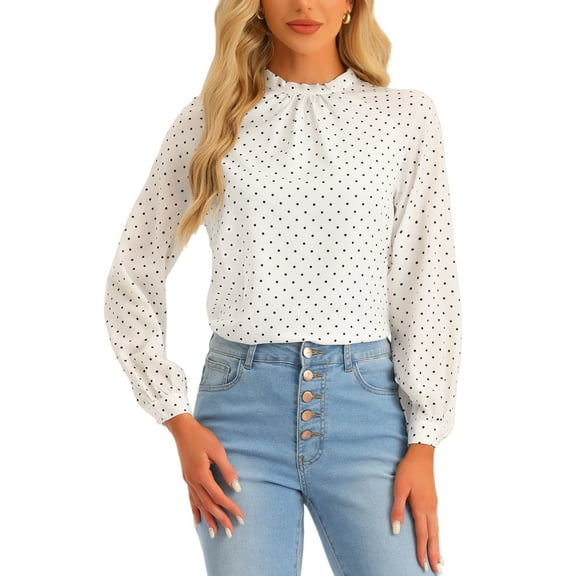 INSPIRE CHIC Women's 2024 Polka Dots Blouse Tie Back Long Sleeve Work Shirt Formal Casual Wear XS White